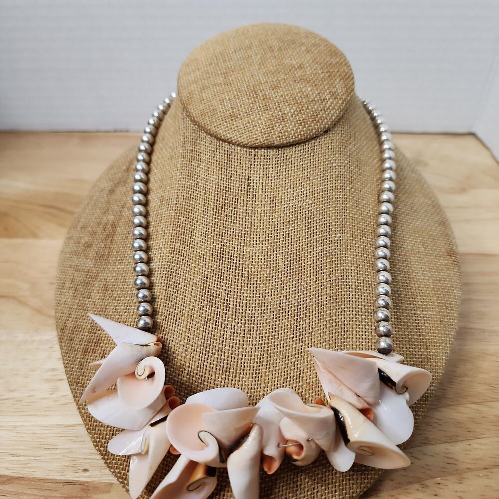 Sterling 925 Pink Shell Silver Bead Necklace 18" Toggle Closure